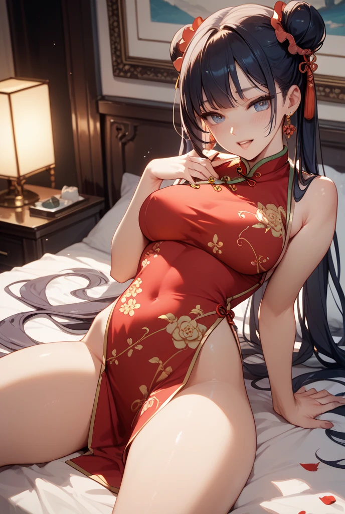Pubic area is clear，4k wallpaper，HighestQuali，A teenage girl with long black hair，Burgundy silk slip nightdress（Peony flower pattern），Reallightandshadow，Chinese style bedroom，Traditional red silk bedding，chinese traditional architecture，nighttime scene，The upper part of the body