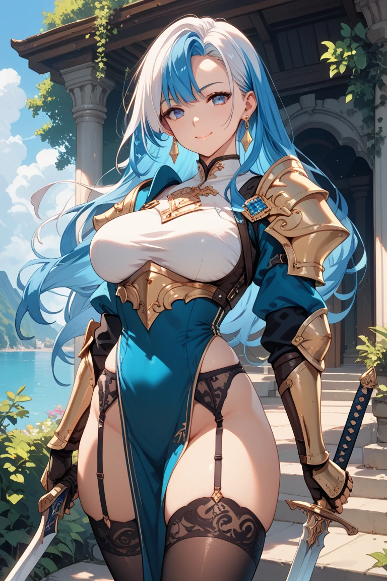 Beautiful girl, armor, bikini, skirt, moist, wet, abs, thick thighs, big breasts, cleavage, sexy,