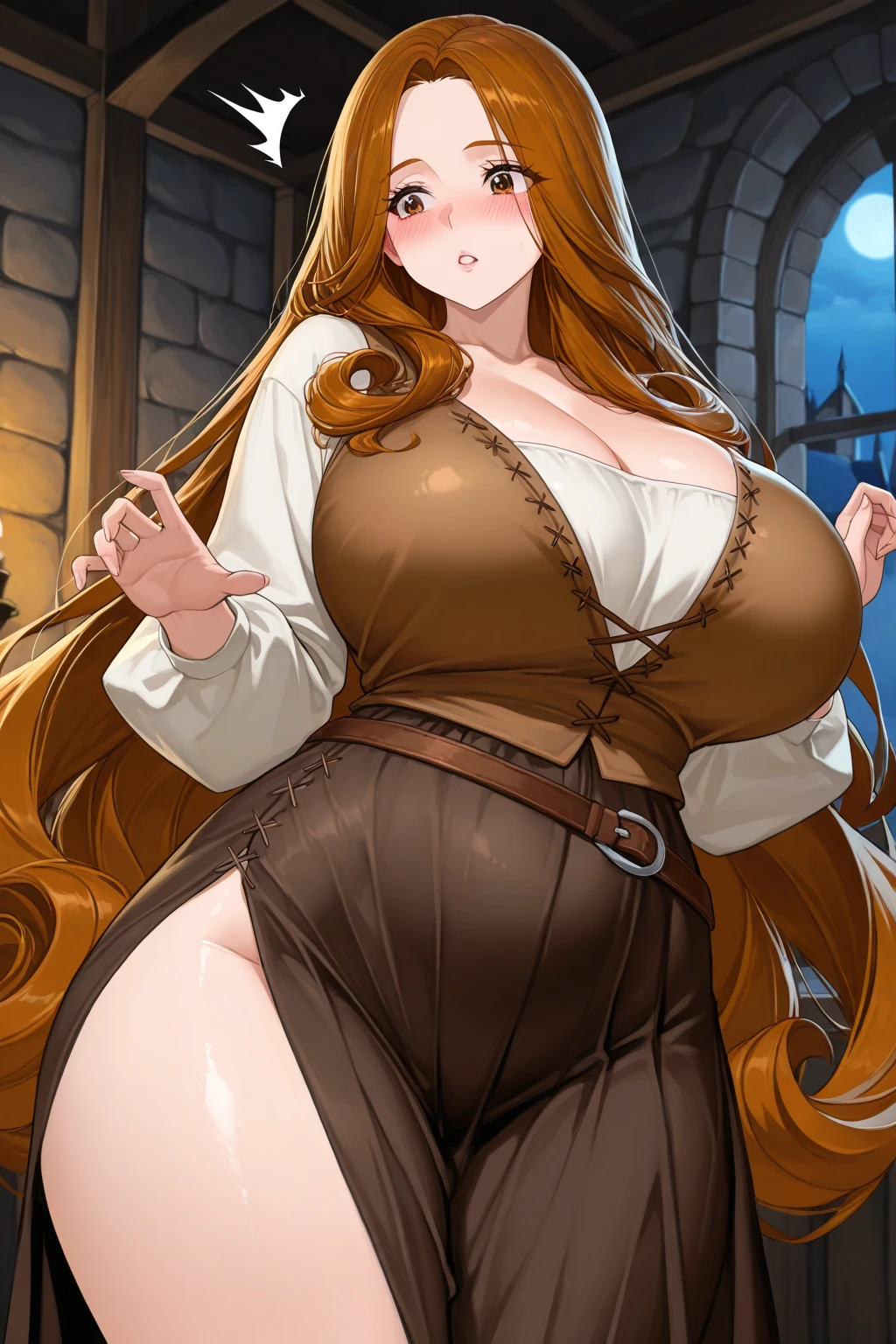 Young Hermione from Hogwarts, With a rude look,dressed in a sexy black corset, stockings and straps on the thighs on the neck, black choker, Poses passionately spreading her legs showing her juicy crotch, located at Hogwarts