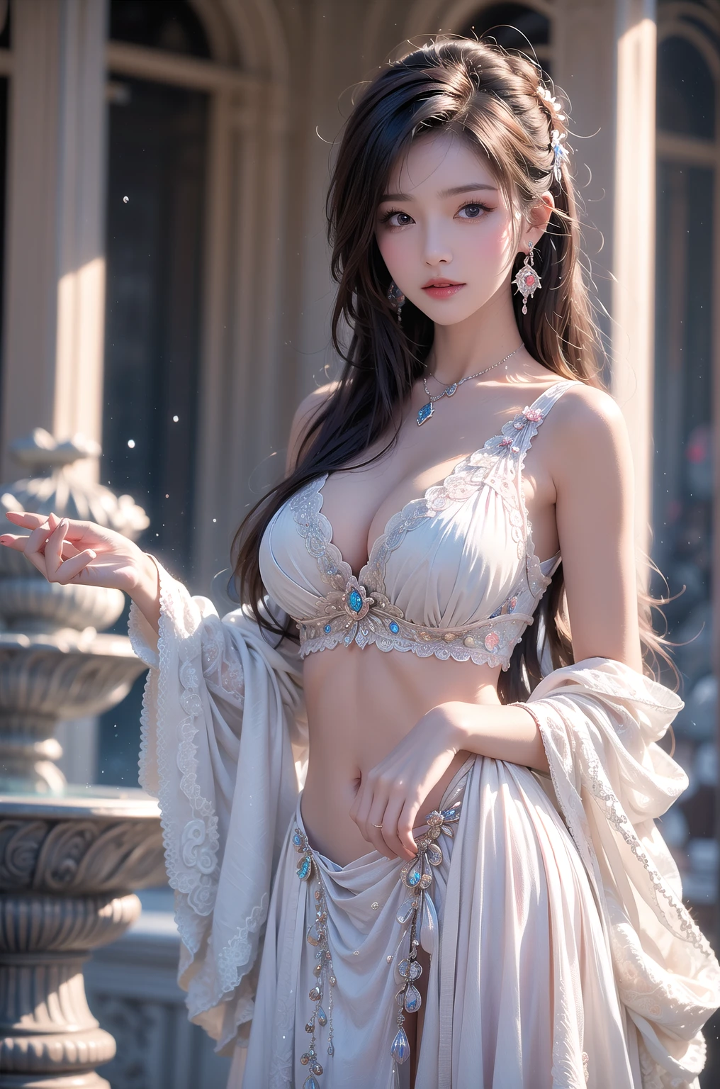 Best quality,Floral hair ornament, indian girl, indian model, indian goddess, big boobs, cleavage, light blue eyes,Hair fluttering in the wind,smile,large tits,Open chest, reddress, white miniskirt,beauty legs, Santorini Background