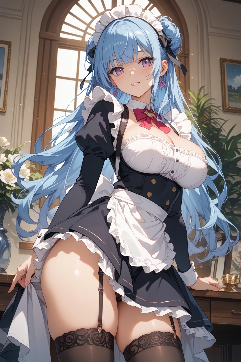 G-Cup Rem from Re:Zero masterpiece highest quality High resolution Big Breasts sexy Sexual Nipples sexy Adult female pink black white Glaring eyes SEX Sexual activity Bunny costume Titty fuck breasts on tray no panties blushing embarrassing rubbing my own breasts