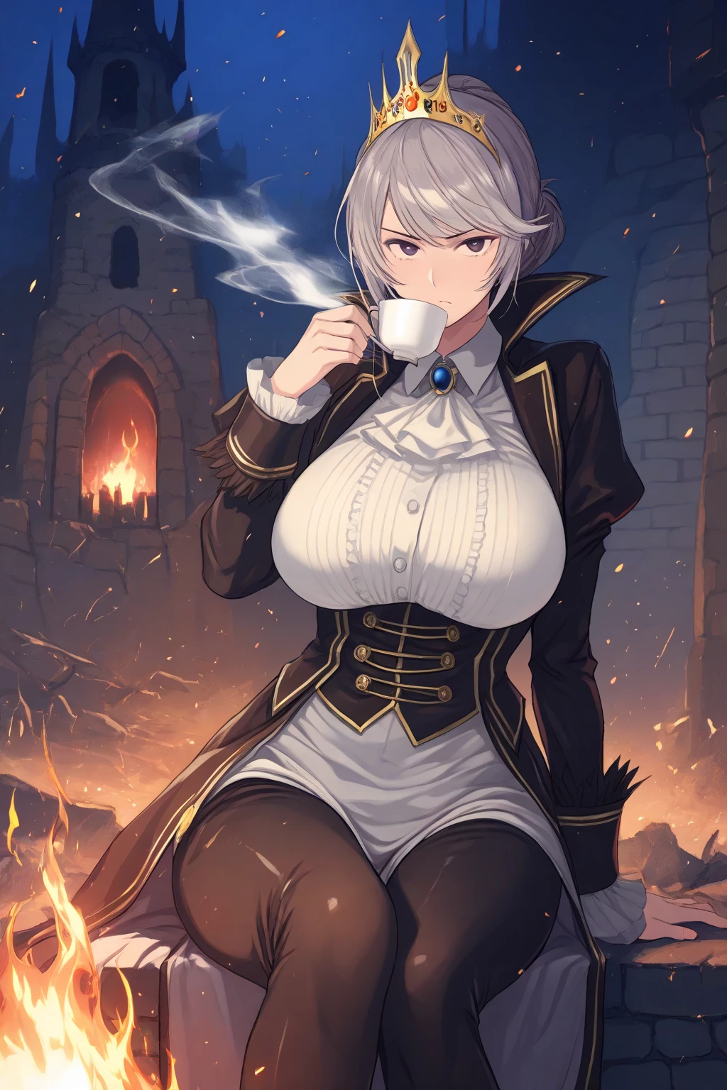 Highest quality、Ultra-high resolution、Fantasy、roleplaying game、A sexy busty woman with short silver hair and bob standing upright holding a closed book under her arm、Audience Chamber