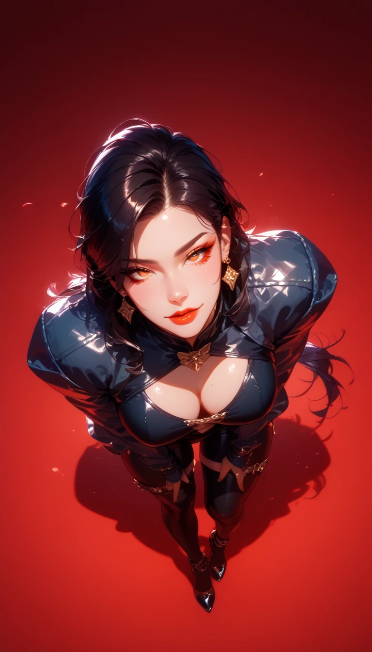 NSFW, LWRD, In a dimly lit office, Governor Rottenmeier, a stunning 35-year-old femme fatale, sits confidently at her table, exuding an aura of mystery and menace. Her athletic physique is showcased by the tight black coat and mini skirt, while her perfectly beautiful body glows under the soft light. A sly smile plays on her lips as she brandishes a sharp, lustrous black karambit knife, its edge glinting menacingly in the faint glow. Her short black hair frames her detailed face, with intense blue eyes and arched eyebrows that seem to pierce through the darkness. The air is thick with a sense of foreboding as she gazes seductively at him with lewd eyes that hide a murderous intent, her dark red lipstick glistening like a siren's call.
