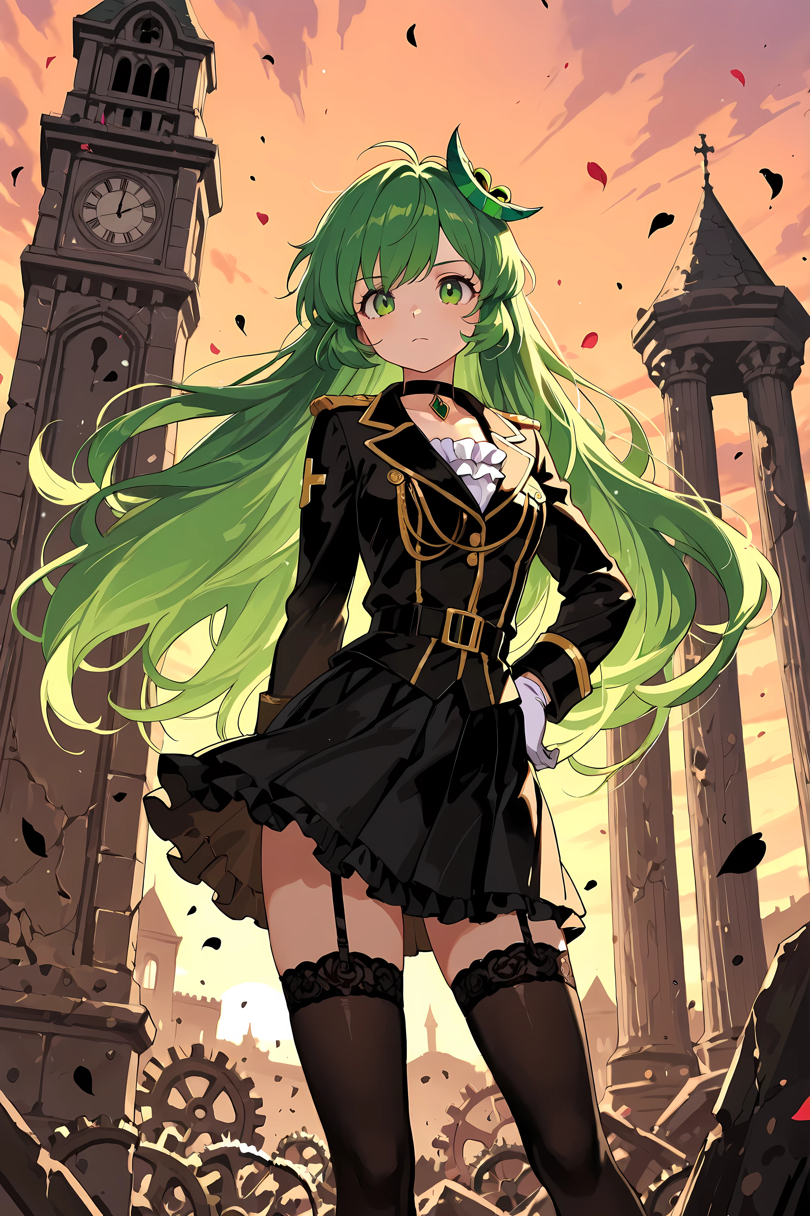 top quality, masterpiece, Ultimate Level of Detail Vannamelon, noble, noble girl, long hair, Green Hair, green eyes, elegant black and gold military uniform, skirt, stockings, garter, Lace Embellished , frills, choker, white gloves, Aristocrat Standing, Proud Expression, Ruined Palace, Crumbling Marble Pillar, Rusty Gears, broken clock tower, Sky Dyed in the Sunset, Flying Petals, Drifting Ashes, Dramatic Lighting