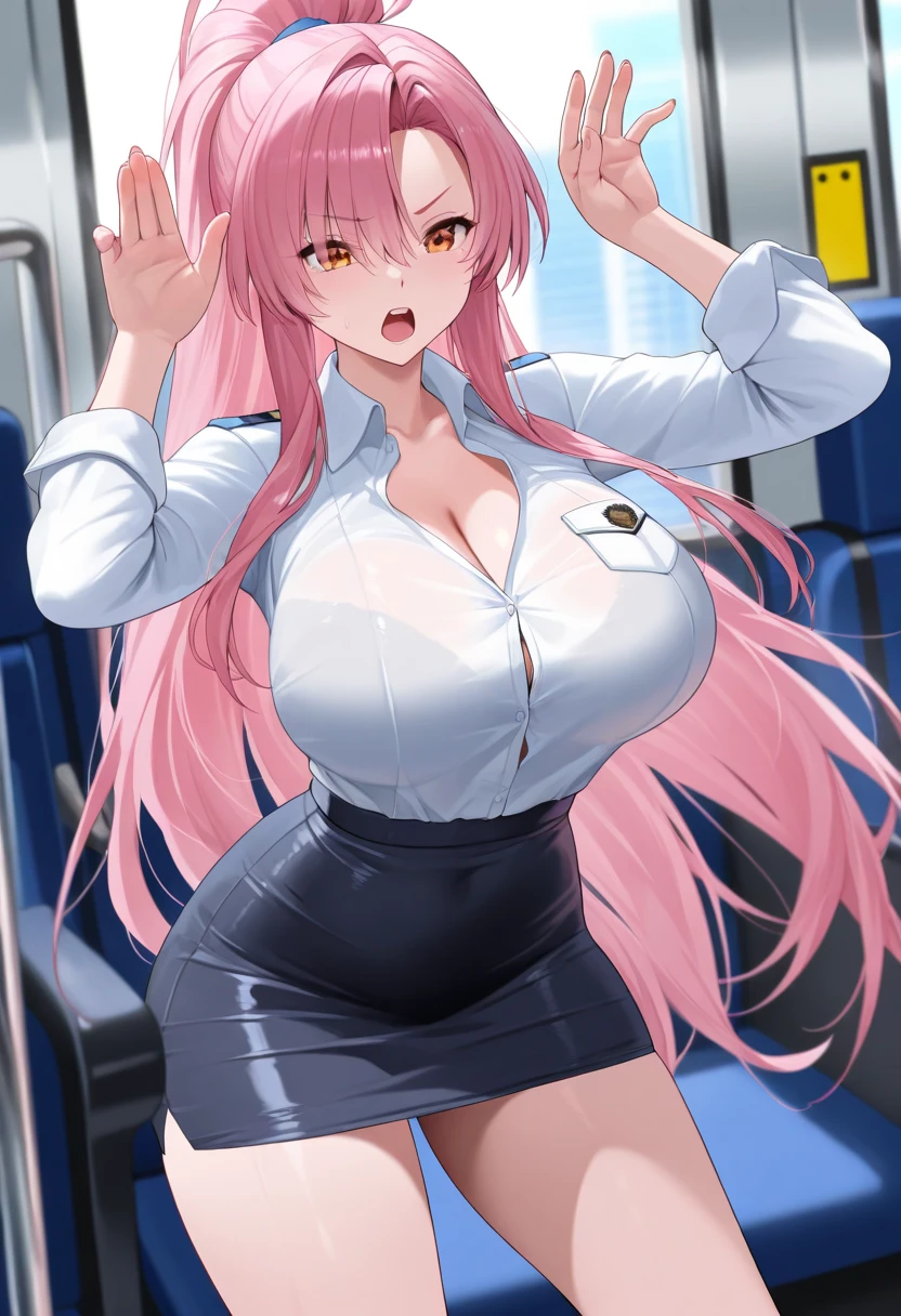 young latina ((ultra realistic:1.2)), Smiling a lot in a navy blue lab coat and light pink pants., in the very bright bathroom, (Close up), close face, DSLR, 100mm, giant tits