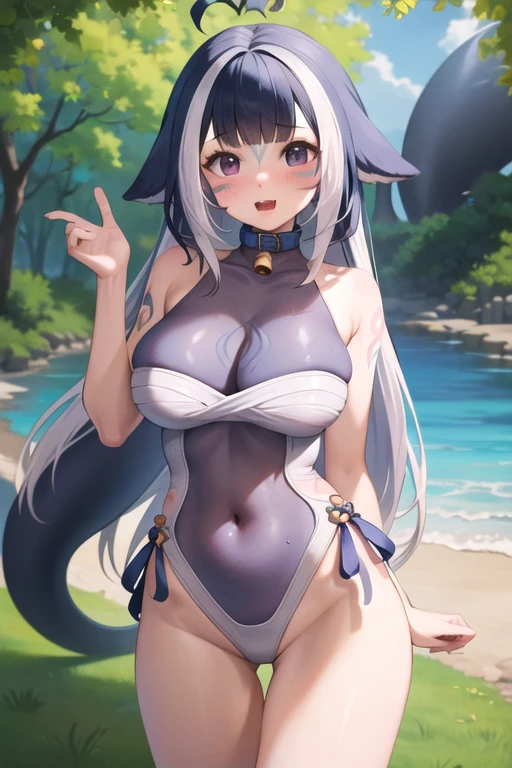 Waterfalls High level image quality best image quality 8K adult woman background a lake in the middle of jungle outside more colors whole body view portrait wearing bikini white horn ears short hair((shortcut)(gray hair)(perm)(fluffy)) eye color is blue , , attractive evil face , smile , sexy pose , labrynth , barearm , both arms up the head , wearing pink , wings , lying on the ground ,