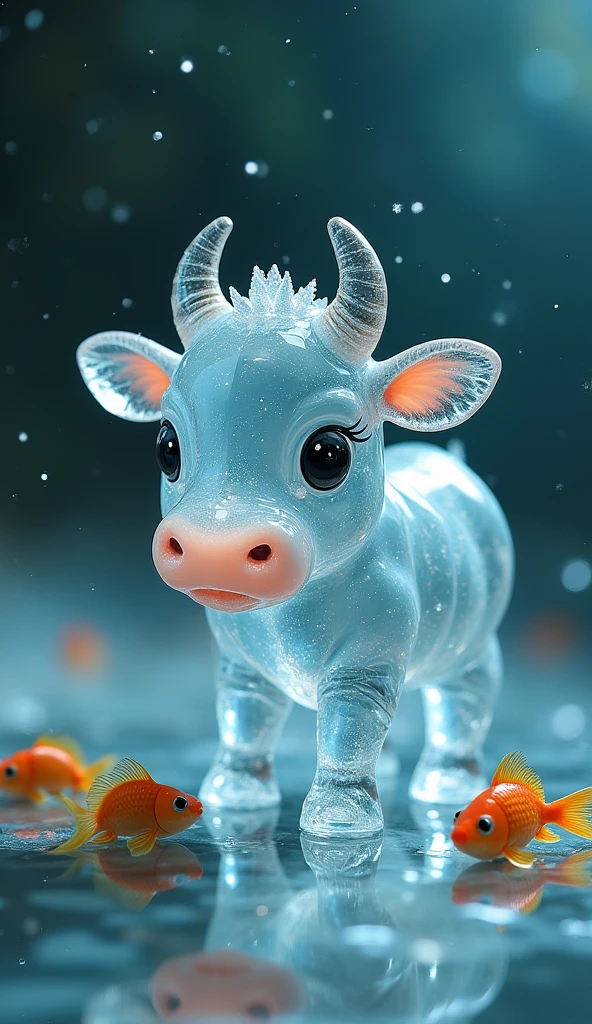 absurdres, highres, ultra detailed, HDR, master piece, best quality, extremely detailed, black and white Cow, solo, cute, small, fantasy, magical, magic, purple butterflies, purple petals, purple flowers, water, blossoms, crystal ball