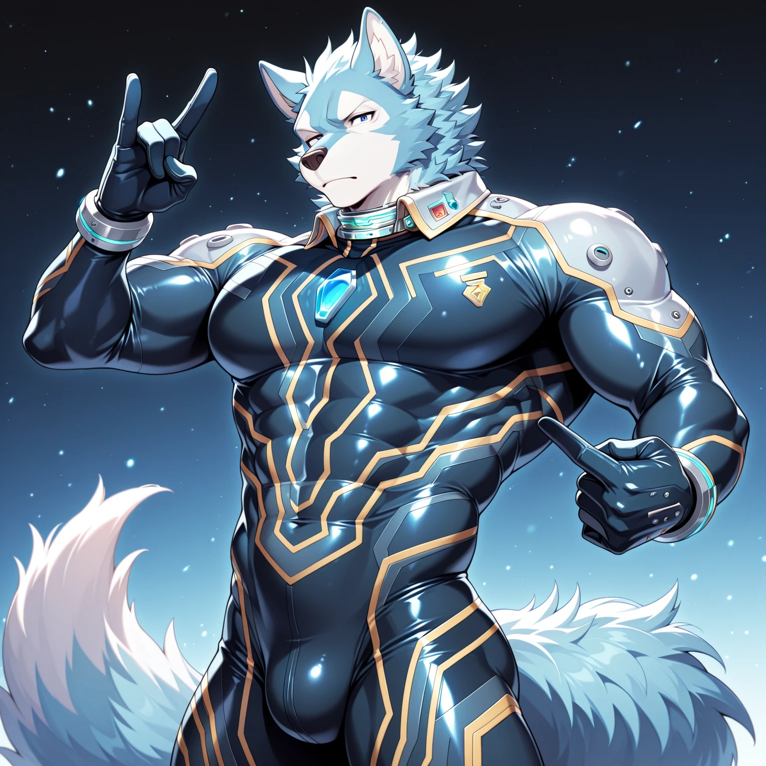 masterpiece, best quality, perfect anatomy,
by t.y.stars, (by null-ghost:0.75), (by Pino Daeni:0.8),
breke,
furry, male, wolf, solo, bodysuit, clothed, tail, blue eyes, 
(bulge:0.8), (zipper:0.5), pecs, biceps, zipper down, 
battlefield, spacecraft, detailed background, dust,
<lora:breke:1> <lora:add_detail:0.2>