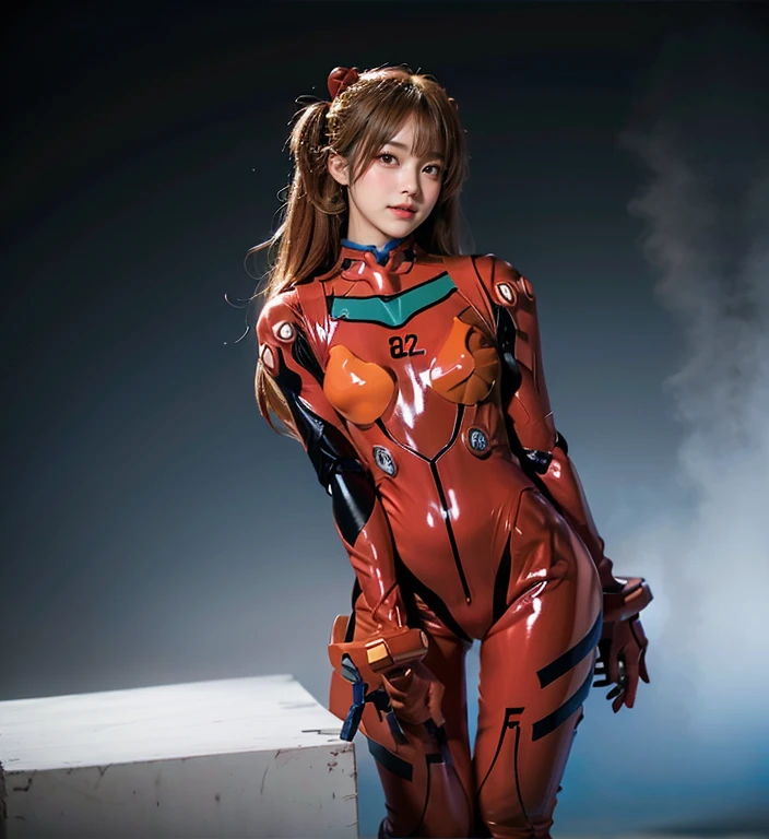 Asuka in Victory Pose on a warship (real)))) Photos, ((Full body:1.3)), Best quality, 1 woman, Long legs, ultra detailed face, Detailed lips, Detailed eyes, Double eyelids, Beautiful face, Beautiful eyes, Blue eyes, (red bodysuit, red latex), (glossy), Delicate clothing wrinkles, (((cameltoe))), (erect, Twin tails, Thin waist, Best quality, pale skin, Su-Liu Aska Langle, Plug suit 02, see through, (face and eye details:1.1), self-righteous, blush, ((shy)), very delicate and beautiful girl, dynamic perfect anatomy ,pose, (to8 contrast style, Low Angle, Wide Angle