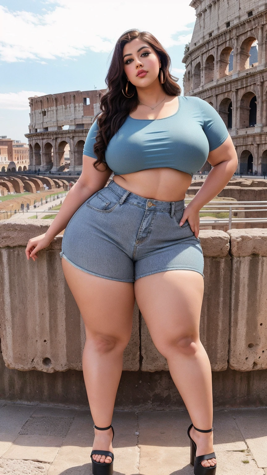 Madhubala bollywood beautiful actress sexy curvy plus size huge figure woman in a SHEIN LUNE Heart-Shaped Dog Round Neck Short Sleeve Crop Top, Casual Color: Dusty Blue , stylish front facing standing position, full body view, full body shot, head to toe view, Head Jewelry for wedding, thick thighs, busty, , full body shot, round belly, full body view, full body shot, thick body, head to toe view, Colosseum, Rome, Italy: Historic amphitheater with ancient Roman ambiance.

