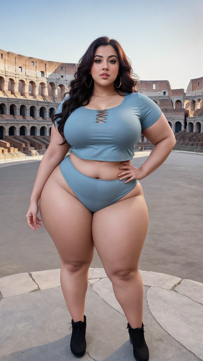 Madhubala bollywood beautiful actress sexy curvy plus size huge figure woman in a SHEIN LUNE Heart-Shaped Dog Round Neck Short Sleeve Crop Top, Casual Color: Dusty Blue , stylish front facing standing position, full body view, full body shot, head to toe view, Head Jewelry for wedding, thick thighs, busty, , full body shot, round belly, full body view, full body shot, thick body, head to toe view, Colosseum, Rome, Italy: Historic amphitheater with ancient Roman ambiance.