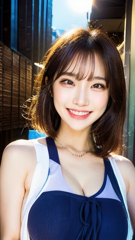 (best qualtiy，4K：1.3），hyper realisitic，(Colossal tits: 1.2),　Cheerful woman ，１Man Woman, short-hair, selfee,　 poolparty，Detailed eyes，二重まぶた，Sensual dress with low collar,hanging breasted,Super Detailed Face，Detailed lips