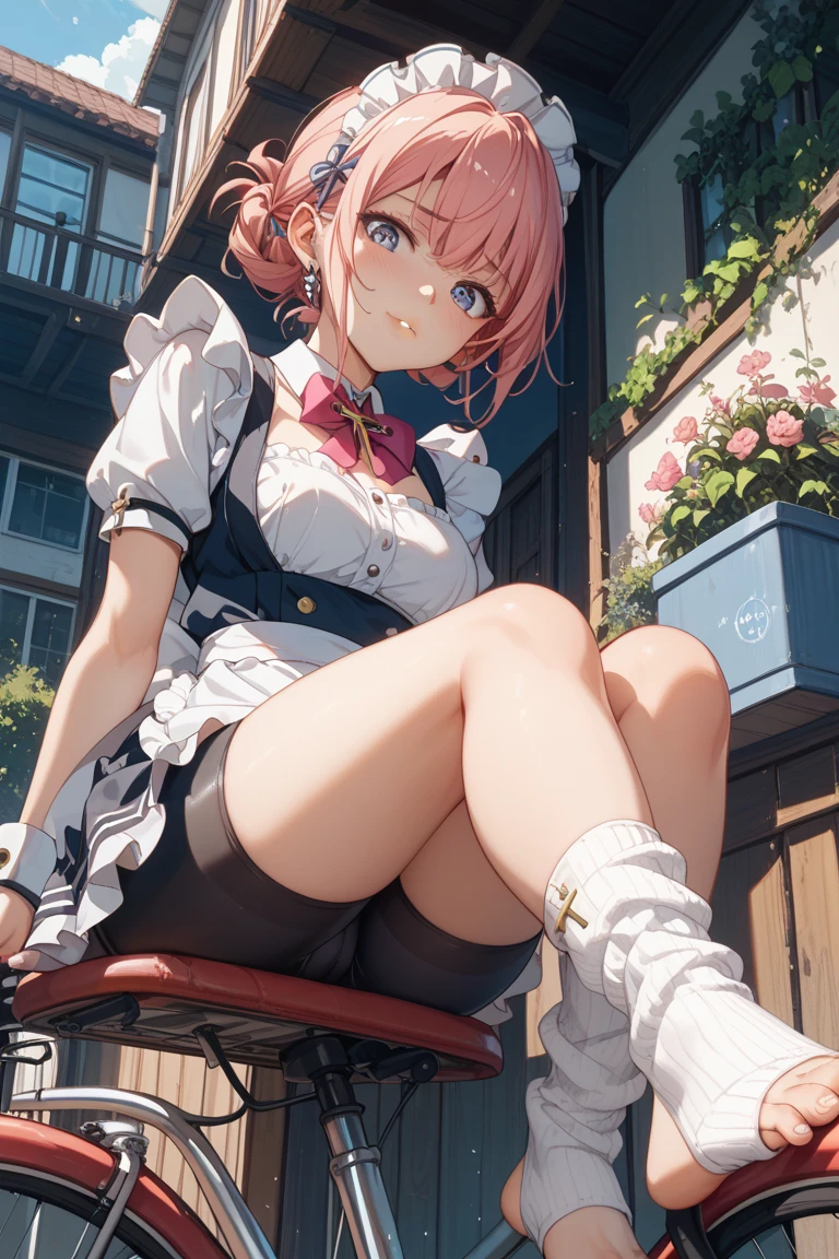 whole body、high quality、(Big Girl)、cute hairstyle、cute hair dye、white sailor collar、Sweet plaid pleated mini skirt、amusement park、、 ((blush、Cute lace panties))、(((Arms folded behind back)))、Angle from directly below,(nsfw:0.8),