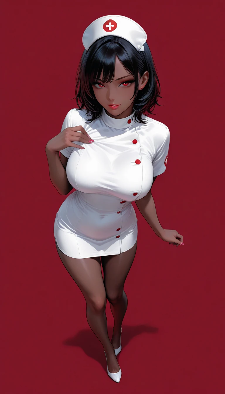 score_9,score_8_up,score_7_up, 1girl, white skinned, straight dark hair, blush, mature, perfect rounded breasts. Nurse clothes, breasts cutout, high quality, zPDXL3, smudgy, liu2, kyuyongeom