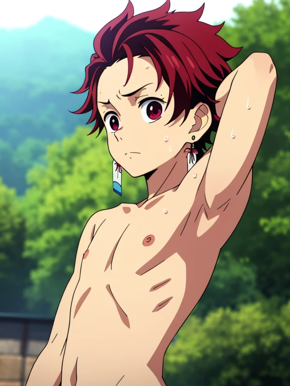 Highres, Masterpiece, Best quality at best,Best Quality,hight quality, hight detailed, Anime style, 1boy, Shota, young boy, Solo person, Kamado_tanjirou, red hair, earring, Shirtless, smile, Loincloth, desert, Seen from the front, Look at viewer, upper body, (very young boy), 12-year-old boys, (Showing armpit:1.3), The armpits of a 12 year old boy, Adorable little armpits, Give me a proportional picture of a 12 year old boy's armpits, Uhd, Bokeh