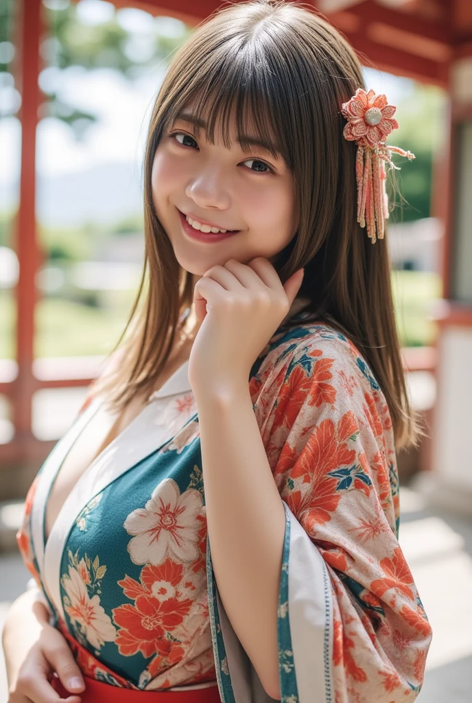 photo realistic, masterpiece, best quality, (highly detailed skin:1.3), (extremely detailed eyes and face:1.3), absurdres, 8k resolution, from front, 1 japanese girl, 18yo, (cute:1.6), (actress:1.8), (laugh:1.2), (round face1.1), wide forehead, (big eyes:1.4), (long eyelashes:1.1), (full body:1.2), bun hair, (huge breasts:1.1), (brightly colored kimono:1.4), (cleavage:1.2), kanzashi, standing at japanese shrine, snow scene