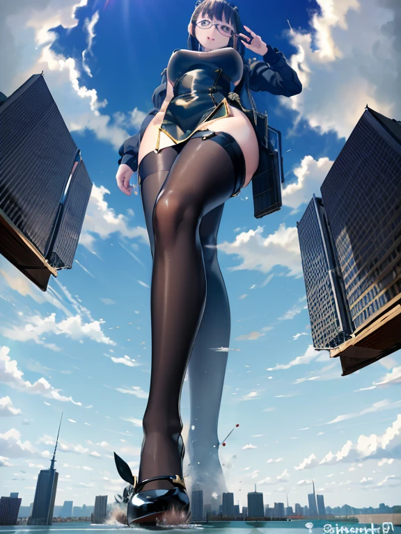 giantess art, Highly detailed Giant shot, Giant, short hair, black pantyhose, A maid that is much bigger than a skyscraper, wearing rimless glasses, big breasts, big butt, navy maid uniform, black pantyhose, black shoes, very small metropolis, miniature metropolis, full body description, gts, giga giantess, stomping city, crash city, tiny city, micro city, maid, thong, micro thong, tight thong