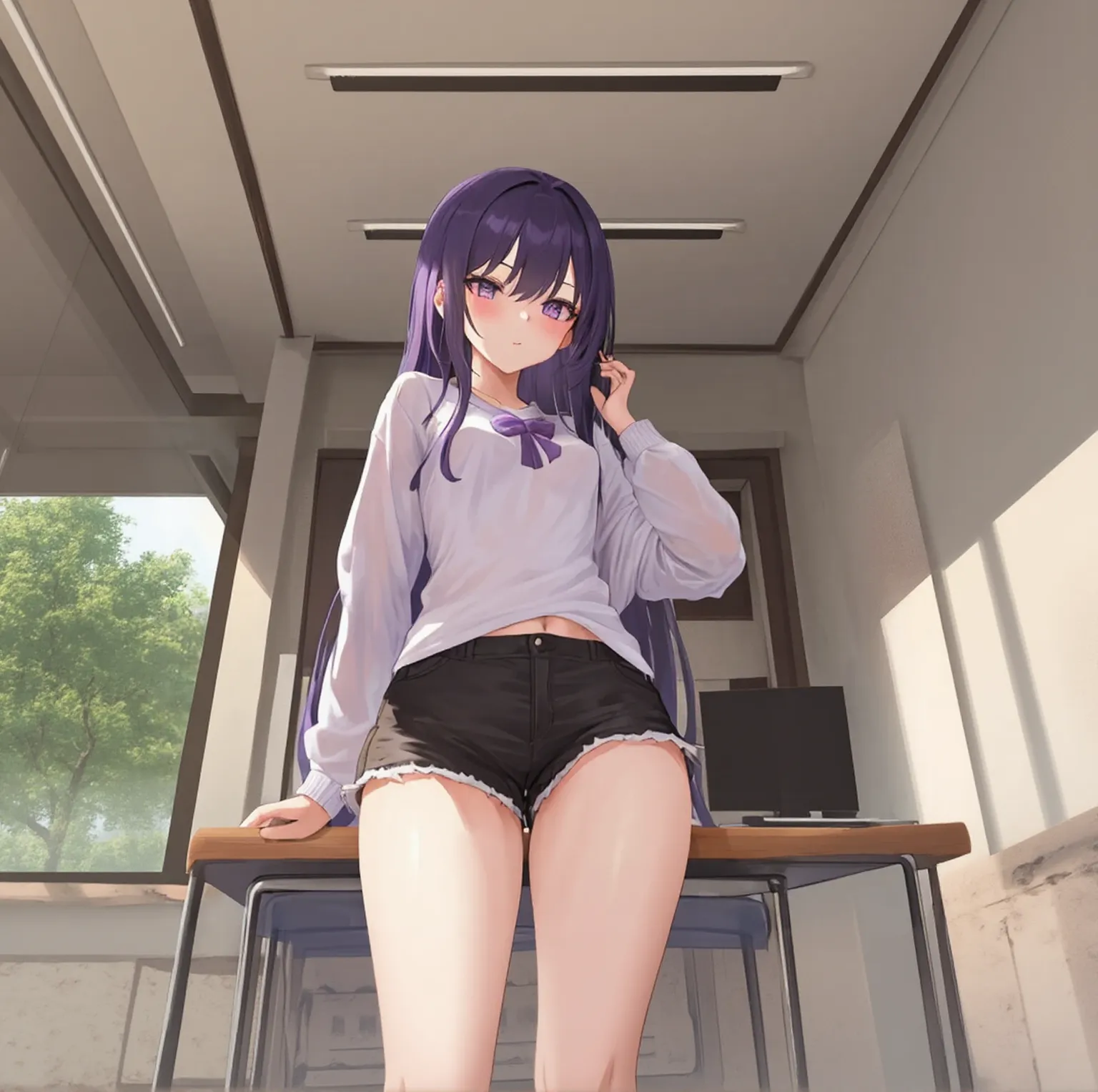 yuuka_\(blue_archive\)_perspective_from_below wide_shot two_side_up panties_black_skirt_paper_high_heels_panties_under_pantyhose_bangs_black_pantyhose_box_blush_office_lady_shoes_lanyard_thighband_pantyhose_squatting_pleated_skirt_breasts_indoors_full_body_miniskirt_long_sleeves_medium_breasts_collared_shirt best_quality newest