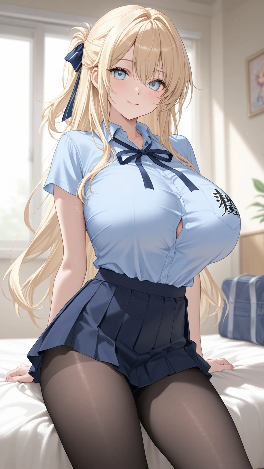 16, girl, long blonde hair, big breasts, seductive stance, cute school outfit, in closet, smirking, not blushing, naughty looking, teasing, black stockings, blue skirt, white button shirt, red tie,nsfw