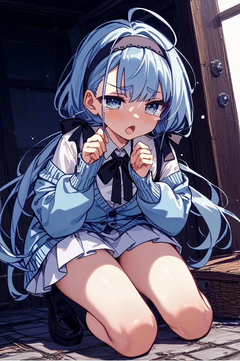 Blue hair, Girly, A half body, Thighs, Shy, Cat ears, White stockings white background feet JK uniform