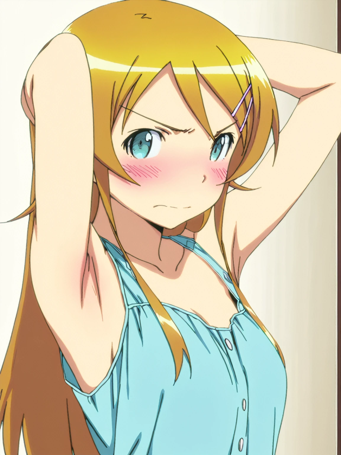 solo, 1girl, looking at viewer, 2D, anime, anime coloring, upper body, (simple background, solid white background:1.3), kirino kousaka,,, smile, Completely naked、


