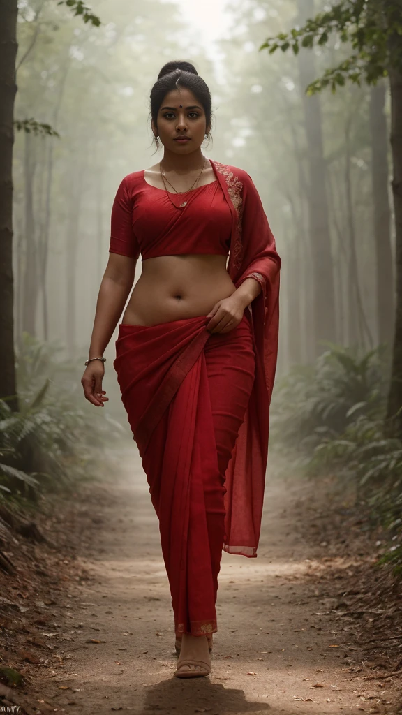 daytime view, close up shot of vedhika from front view, wearing random colour saree, walking in forest, looking to camera, dynamic pose, big and curvy cheeks, hourglass figure, sexy navel, swooping breasts, ponytail, necklace, (cinematic:1.3), intricate details , (ArtStation:1.2)