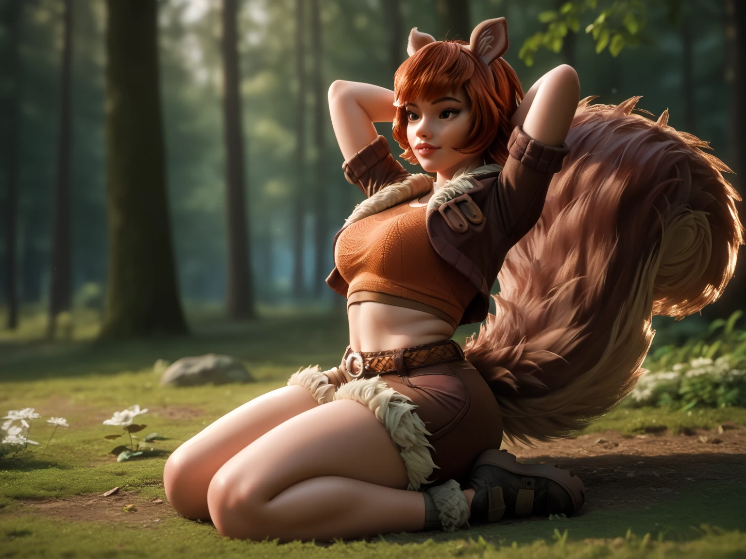 A red panda woman with large breasts, wearing a fur crop top and fur panties, small red panda ears, and small whiskers. She is bending over to pick something up from the ground in a magical forest setting. The scene is painted in an oil painting style, with complex details and vibrant colors. The character is seen from behind, showcasing her enchanting features and the mystical forest around her. The background is filled with magical elements, creating a masterpiece in 8k resolution
