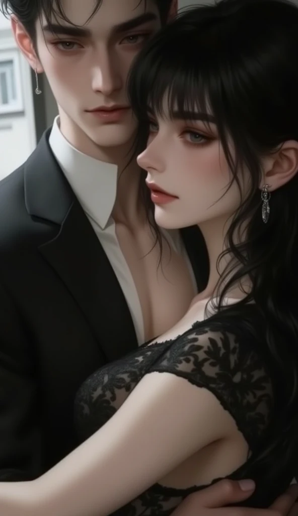 a woman in a black dress with long black hair is being hugged by her handsome boyfriend wearing a casual suit with blackish brown hair
