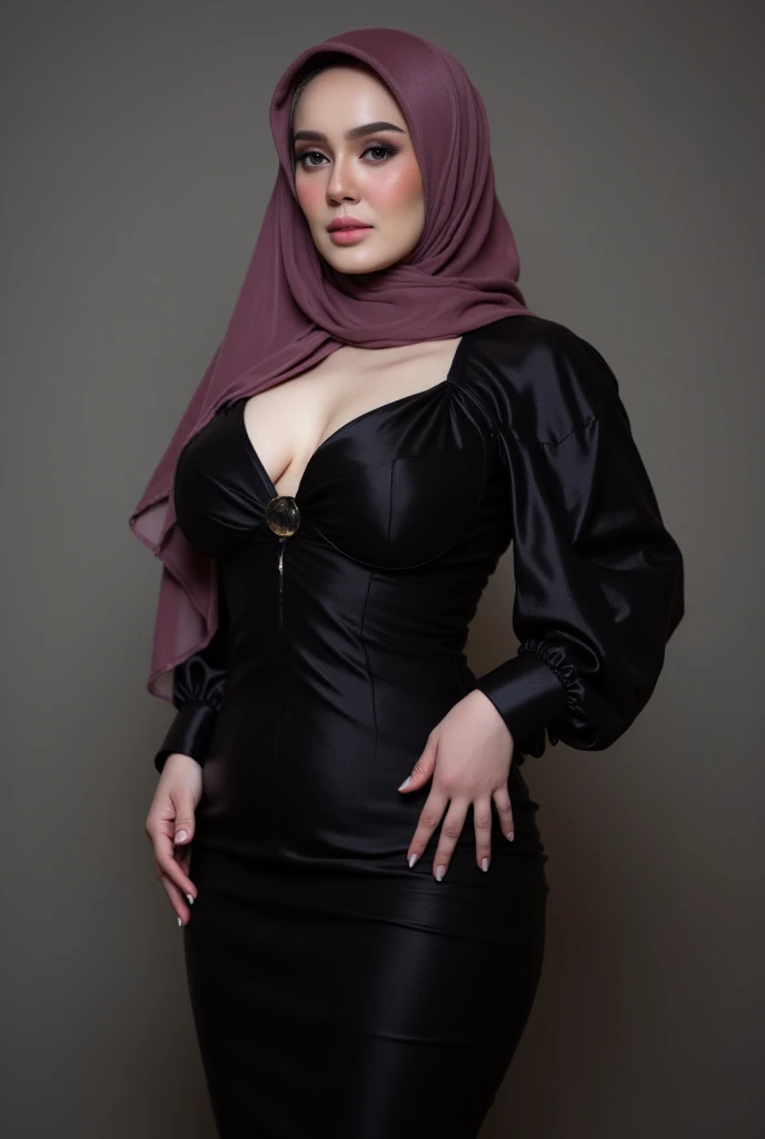 A Malaysia0n woman (dark eyes, gorgeous face, age 40, huge breasts, big butt, slim but a little fat, black hijab, no hair showing, black trench coat) extreme flirting, nude under the coat, extreme tease, safe for work, set in the living room, show her from head to toe, show her entire body