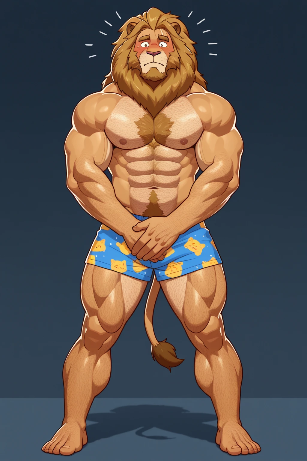 Alex the Lion, muscular body, big biceps, six pack abs, extremely beautiful and cute face, perfectly detailed blue eyes with perfectly detailed pupils, shirtless, denim cargo shorts, bare feet, beach background, washing in the beach shower, gentle look, cute smile, wet