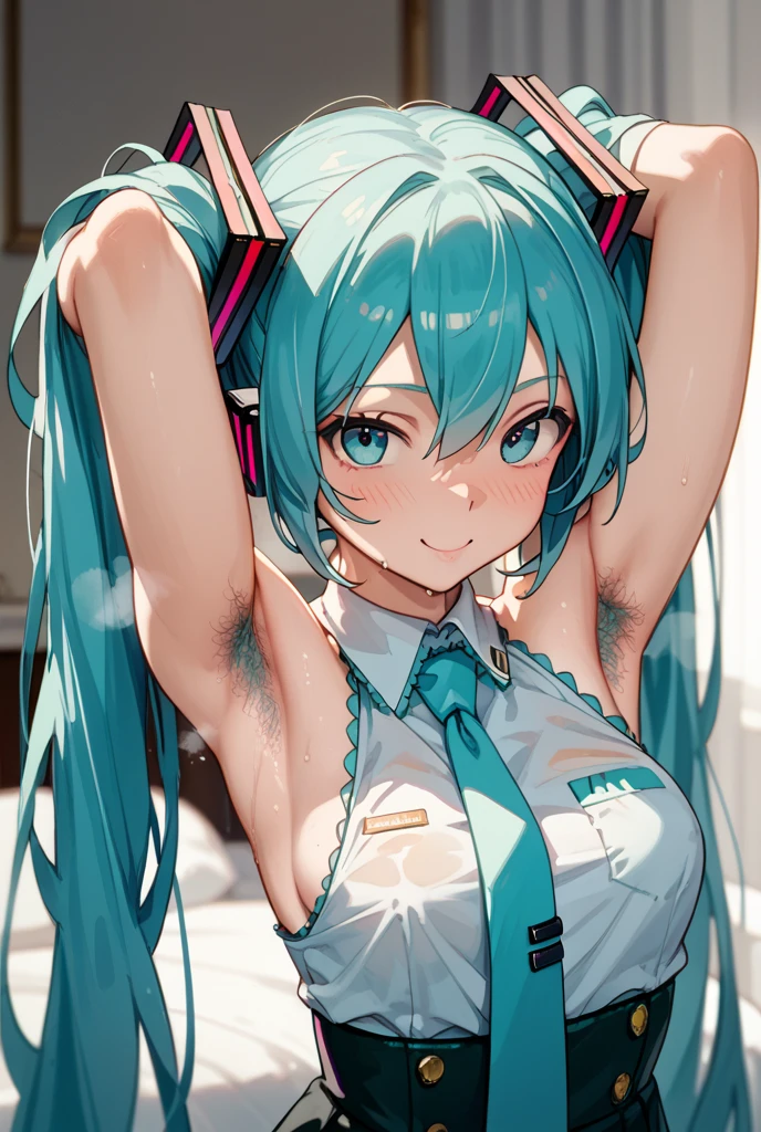 hatsune_miku commentary_request highres 1girl arm_behind_back arm_behind_head arm_up bikini black_sleeves blue_eyes blue_hair blue_necktie breasts cowboy_shot detached_sleeves double-parted_bangs hair_between_eyes hair_ornament headphones headset light_blush long_hair looking_at_viewer meme_attire micro_bikini microphone miku_collar_bikini navel necktie parted_lips simple_background small_breasts solo standing stomach string_bikini striped_bikini striped_clothes sweatdrop swimsuit teeth tie_clip twintails very_long_hair white_background breast bounding,breast_grab , nipple_tweak, pov in shower ,wet nipples