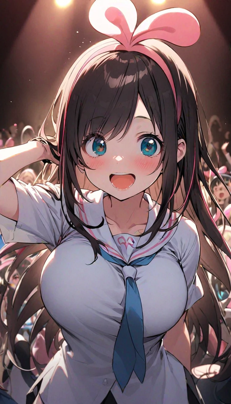 front view,face focus,(look up),An open-front shirt,Black and pink bra,Hands behind head,open mouth,tongue out,(1girl,Beautiful 14 year old girl),lick,front face,from front,front view,looking at viewer, looking ahead,Black Hair,Short Twin Tails,Gray Eyes,Drooping eyes,slit pupils,narrow eyes.Beautiful and detailed anime art,Mischievous smile,Dimly lit room,Simple Background,Gray background,Low lighting
