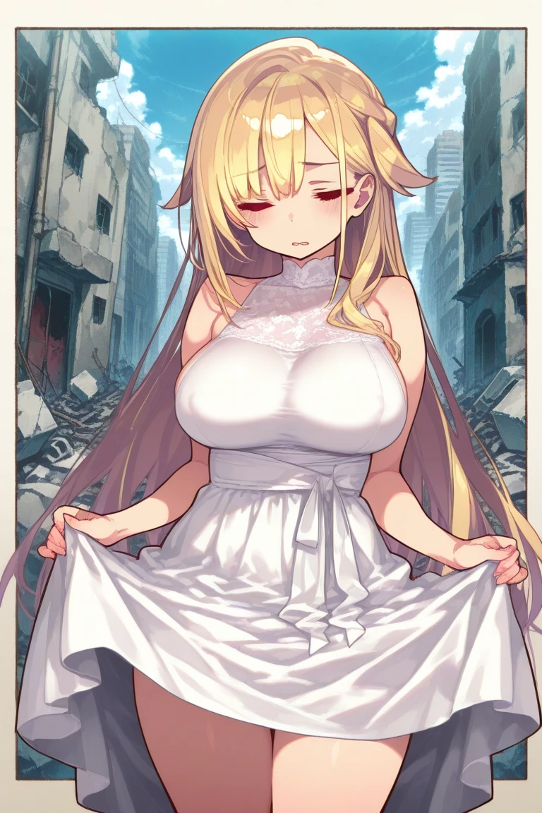 Masterpiece, best quality, Masterpiece, best quality, 1 woman, long blonde hair , purple eyes , topless , ยีนส์Long legs , big breasts , abdomen , Long legs , Put your hands on your hips.... , shoe , full body , abandoned factory , at night