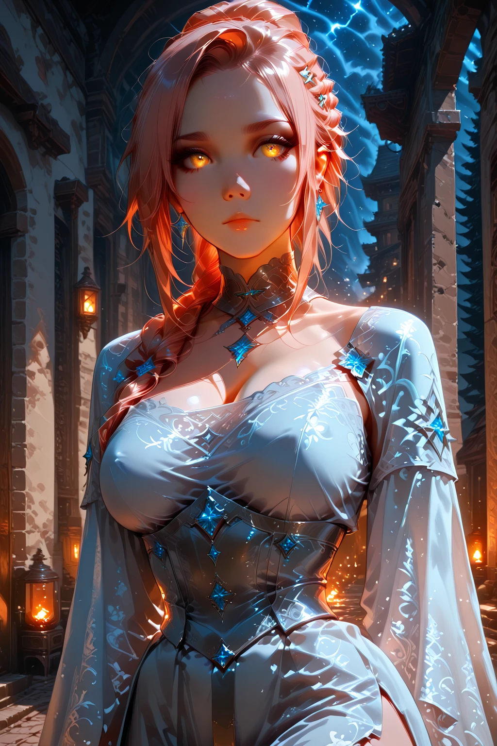 (ultra realistic,32k, masterpiece:1.2),(high detailed skin:1.1),( high quality:1.1),
1girl, pink hair, ponytail hair, bangs,(aqua eyes:0.5), white dress,colorful lightning,  [<lora:ral-lgtblb:0.9>(ral-lgtblb, bulbs:1.1), light, shing, glitter, sparks,:<lora:citrine-style-darquelilly-v1:0.5>(citrinegemstyle:1.2), gems, citrine, citrines, citrine:25],,(looking at viewer, standing,:1.1), , huge breast, large breast,<lora:add_detail:0.91>,
(iridescence:1.1),  blurry background,