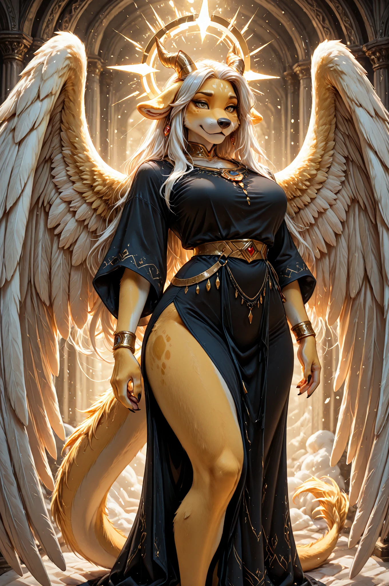 4k, High Resolution, Masterpiece, Best Quality, The World's Best Picture Quality Of Ultra-8k, Digital Drawings Photorealistic Drawing, [:( Facial Details: 1.2:0.2], Anthro, Gleaming Armor, Ornate Engravings, Elaborate Patterns, Angelic Halo Emanating Soft Light, Glowing Cosmic Halo Surrounding The Goddess, Serene Expression With Radiant Eyes, Long-flowing Hair Cascading Down, Delicate Features On The Goddess' Face,(Beautiful Goddess), (Big Muscles), (Solo), Muscular Arms, (Big Penis), (Canine Penis), (Canid Penis), (Knot), (Large Penis), (Massive Penis), (Equine Penis), (Saggy Balls), (Big Boobs), (Massive Boobs), (Erect Nipples), (Abs), (Muscular Thighs), (Thick Thighs), (Wide Hips), (Muscular Legs), (Tall Figure), (Colorful Outfit), (Wings: 1.4), Divine Clothing, Engraving, Detailed Filigree, Intricate Patterns, Shimmering Light, Ethereal Beauty, Adorned With Gemstones, Heavenly Craftsmanship, Angelic Wings, Celestial Symbols, Radiating Power, Otherworldly Protection, Divine Aura, Majestic Presence, Regal And Awe-inspiring, Enchanting And Mesmerizing, Transcendent Splendor, Masterful Engravings, Divine Essence, Opulent And Resplendent, Intricate And Exquisite, Unparalleled Craftsmanship, Ethereal And Supernatural, Shimmering And Luminescent, Intricate Detailing, Celestial Engravings, Magnificent And Grand, Divine Radiance, Sacred And Majestic, Intricate Motifs, Celestial Glow, Heavenly Brilliance, Intricate Metallic Carvings, Celestial Elegance, Heavenly Luminescence, Divine Opulence, Enchanting Ornamentations, Cosmic Halo, Angel Halo, Heavy Armor, Extreme Cosmic Storm Style, Full Body, Translucent And Reflective Skin.
