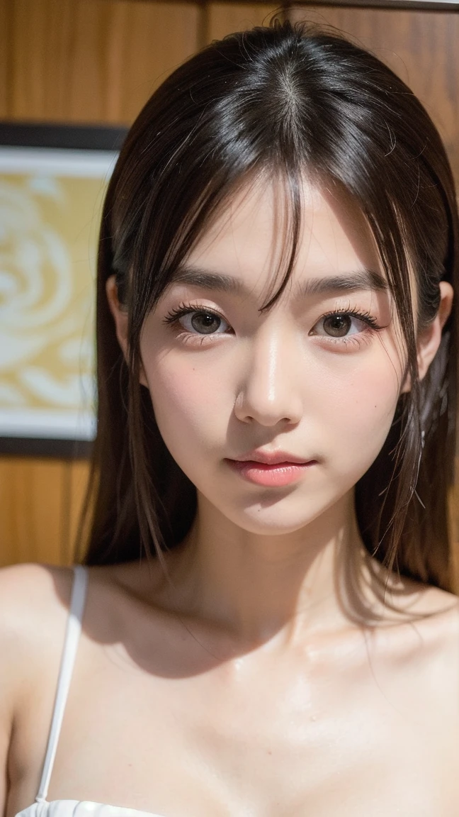 One Girl,Very cute girl at 15 years old,Big eyes,The face is facing straight ahead,Body facing forward,Beautiful nose,Fuller lips,Short black hair,ponytail,Detailed eyelashes,Thin eyebrows,Symmetrical eyes,Face close-up,White swimsuit,Portrait,View Viewer