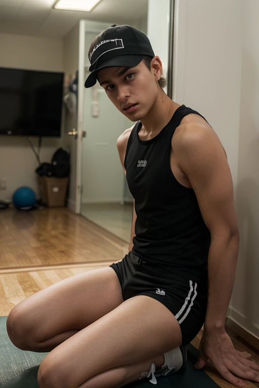 A 16-year-old skinny twink boy in tight sweatpants is actively engaged in sports.