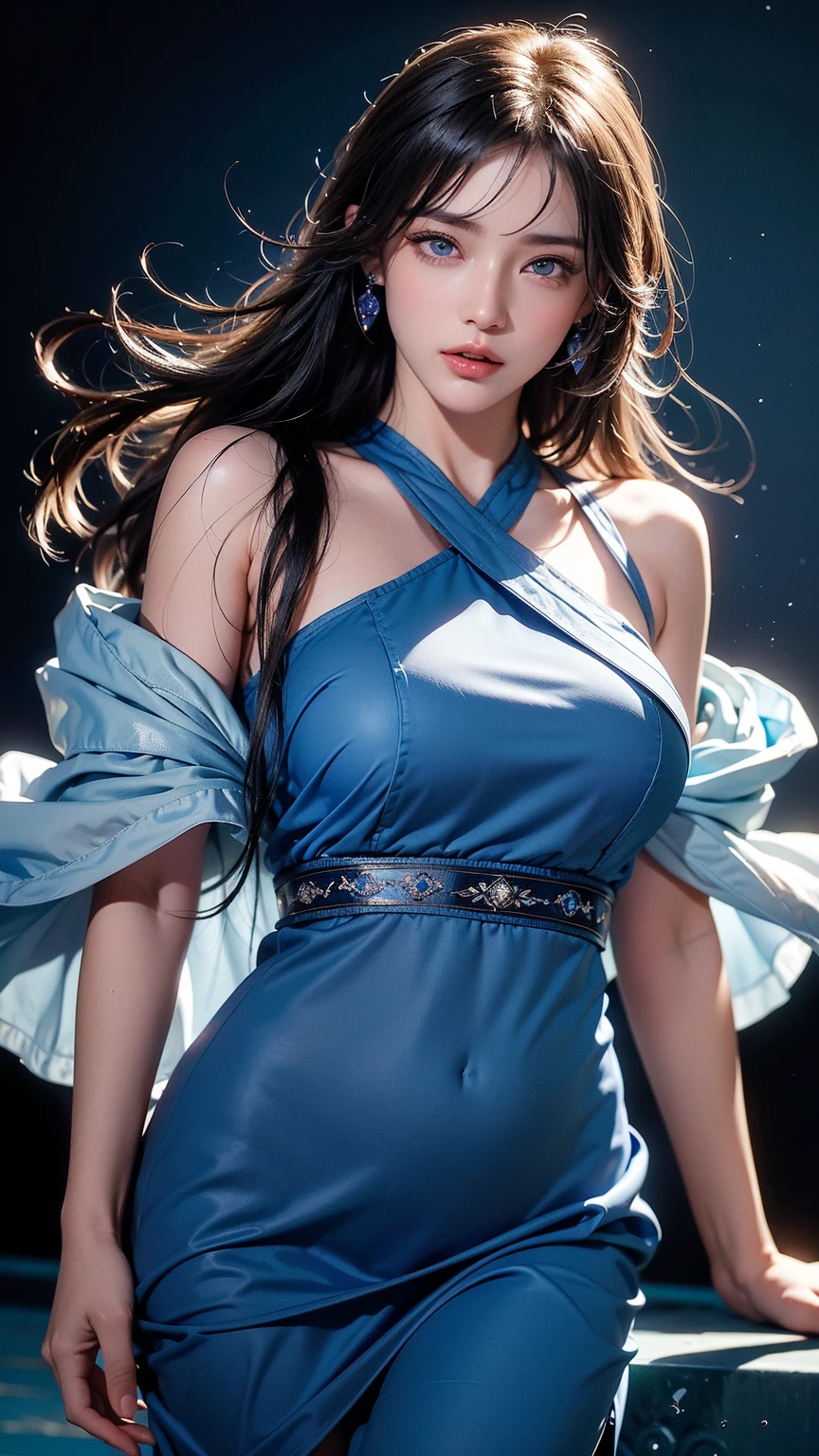 Body portrait, 8K, Slender beautiful eyes, Tyndall effect, masterpiece, Top quality, high quality, high resolution, Very detailed photos, (Natural skin texture, Delicate skin, Surrealism, Super sharp), High Detail Skin, (very good, Delicate skin texture, Intricate details, Pretty Face, Realistic face, Realistic eyes, Beautifully detailed eyes, Realistic skin, Beautiful Skin, Surrealism, Very detailed golden ratio, Smiling eyes, Night moonlight background, Body portrait, Glamorous, Blue Sexy Knitted Dress,Above the knee