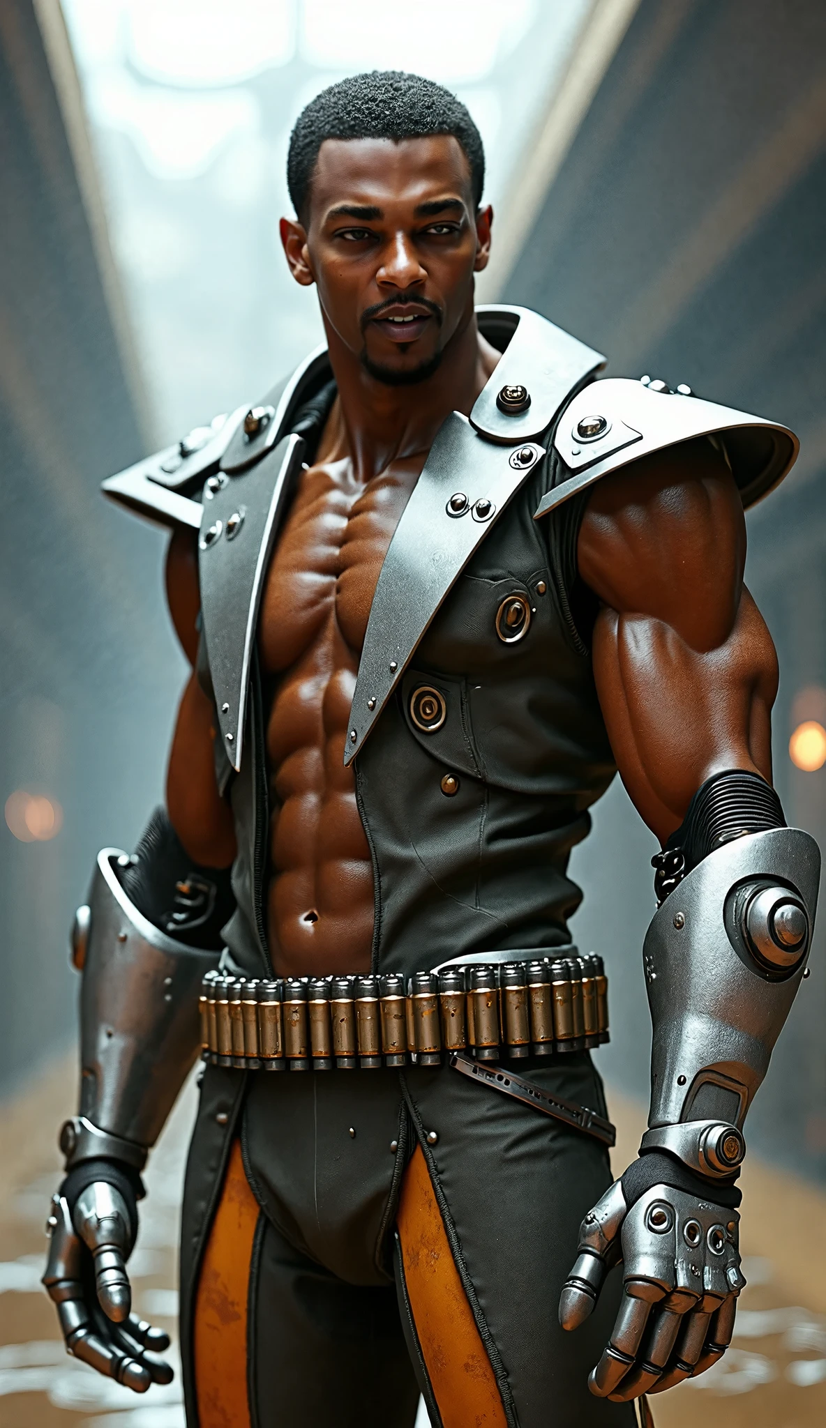 barret, dark skin male with gun arm and tattoo, sunglasses, shirtless , (( black briefs )) , full body , black boots