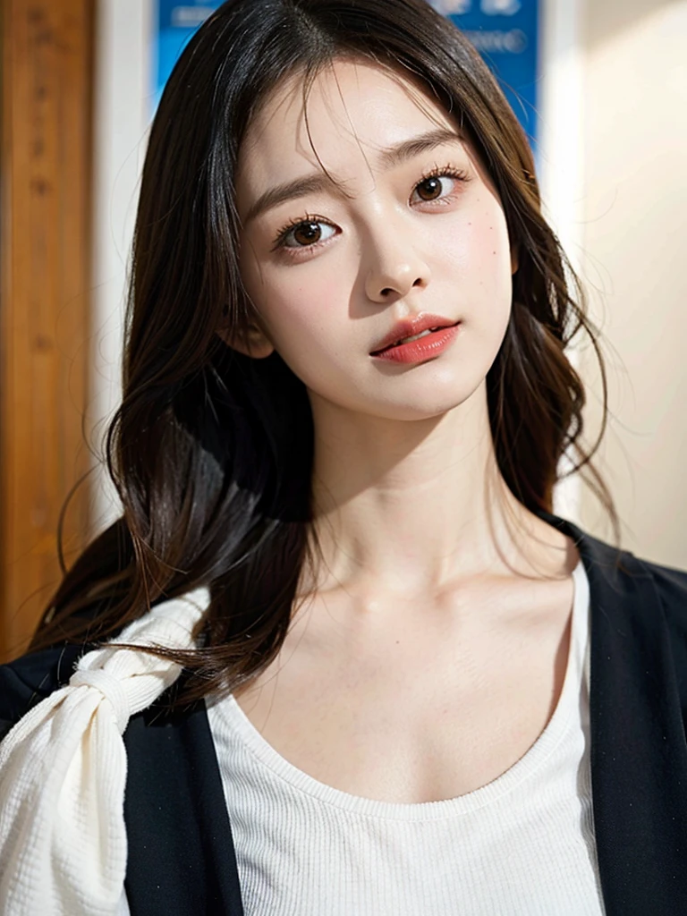 (8k), (highest quality: 1.2), (Realistic), (Realistic: 1.37), Ultra-high resolution,RAW Photos、 1 girl, Head to knee photo、cute, smile, Mouth closed, Beautiful details, Beautiful Nose, whole body, Wet Hair, Giant Dulcefo, pork, , (Small breasts)、Flat Chest、Breast like a 、A tight white blouse that clings to her breasts and a grayish cardigan、Nipples are visible through the、Voluptuous thighs、Odd Eye、Heterochromia iridis