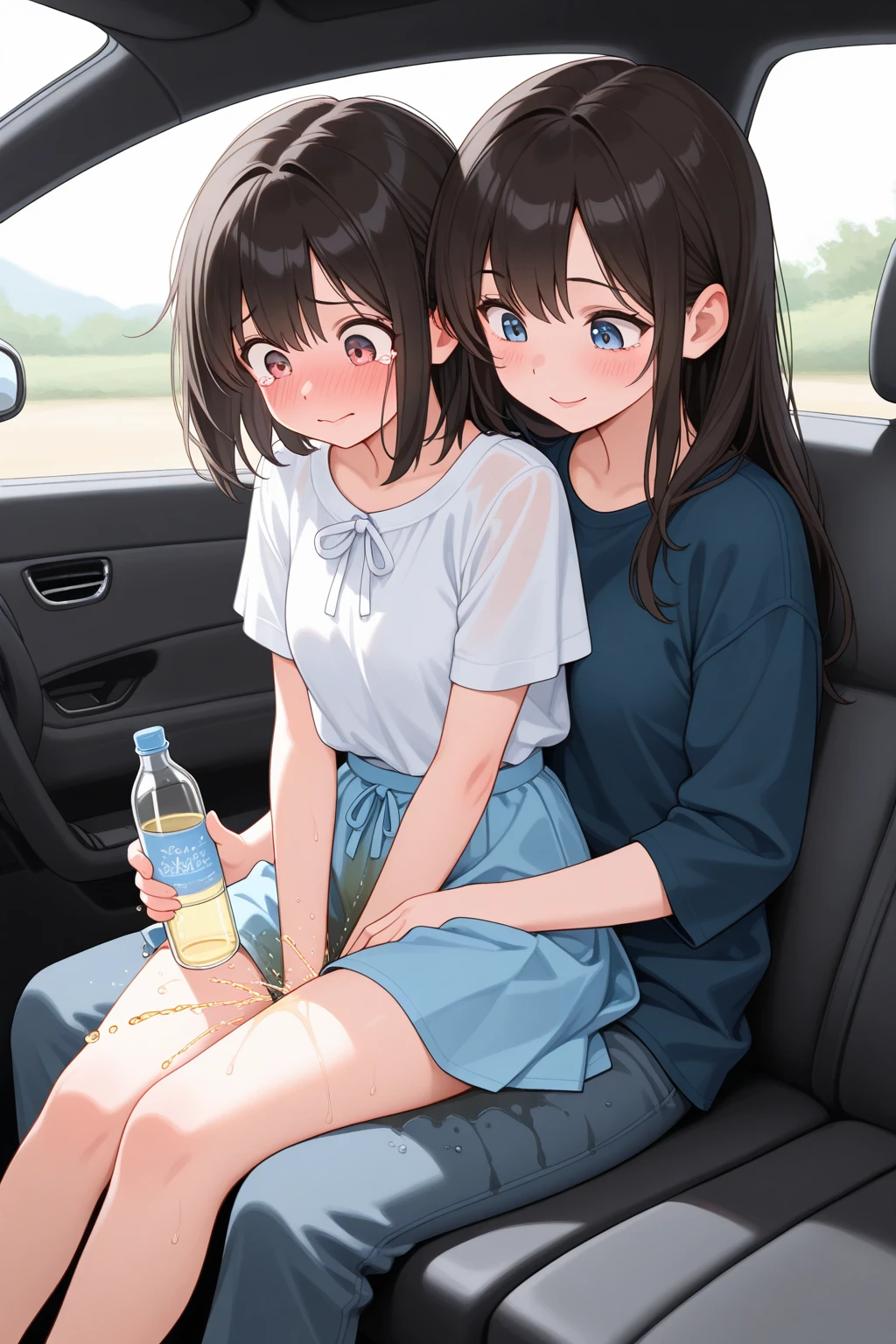 masterpiece, highest quality, Three Girls, Multiple Girls,. close your eyes, Sitting on the bus,Denim mini skirt、 Under the skirt, (Lace panties:1.2), Front view, Low Angle, Best Shadow, Volumetric lighting, watercolor、Mature Woman.wife