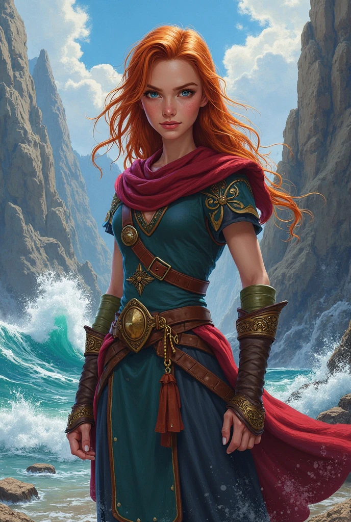 (masterpiece), cartoon, best quality，(photo_(medium):1.0), by Antonio J. Manzanedo, by Jeremy Lipking, lightning, in a surreal Scotland highlands scenery, painting style with watercolor, Brushstrokes,  colorful，vibrant colors,1 ultra hot gorgeous woman, curled ginger hair. Merida from  Disney brave in sexy S pose. Stormy weather. Large breast.