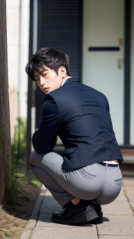 Solo, male focus, (masterpiece, ultra quality, high resolution, 8k, intricate: 1.2), (detailed face:1.2), handsome, Young Korean man , , detailed skin, 1boy, ((realistic)), (Crawling on All Fours, Kneeling),