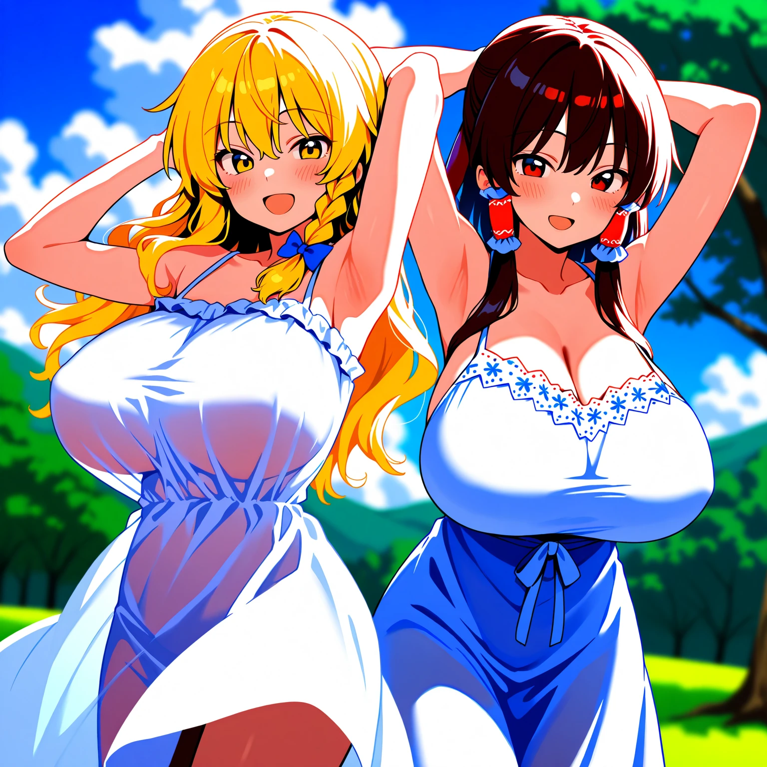 Kōsuke Fujishima style , Anime magazine pinup , clothed erotica , furry cat woman , wide hip , thick body , round face , light summer dress , Sunflowers are blooming , heart is beating fast with anticipation , apart melons