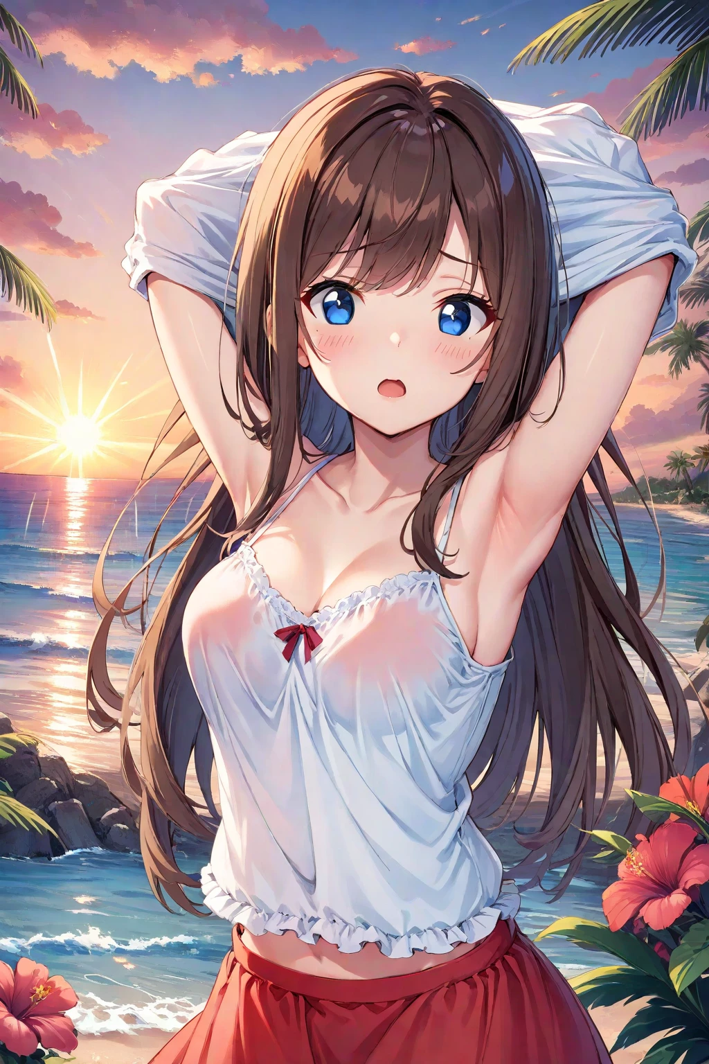 ((masterpiece)), (best quality), (watercolor:1.5), cute teenage girl, (small breast), Textured skin, (exposed naked nipples and vagina), Stooping posture, naked Slender body, naked small breasts, (shy and blush), barefoot, standing on harbors, (Spread your legs apart), silky medium hair, choker, cleavage, cowboy shot, (on the harbors), outdoor, (cumulonimbus cloud), summer day, tropical country, blush smile, open mouth, beautiful food, (spread arms out), sweaty breast, (wavy mouth:1.3),