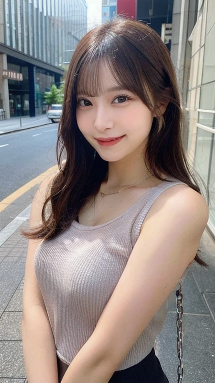 Tabletop, Highest quality, shape, Very detailed, finely, High resolution, 16K, Perfect dynamic composition, Straight hair, Medium Hair, Brown Hair,Natural color lip, smile, 20歳のgirl、cute、beautiful、完璧でbeautiful顔, beautiful , Slim face and body, Elegant face, KPOP idol faces、Japanese idol faces、Small face、Big eyes, Brown eyes, Droopy eyes, 緻密でbeautiful目, girl, Front face, Upper Body, Random outfit