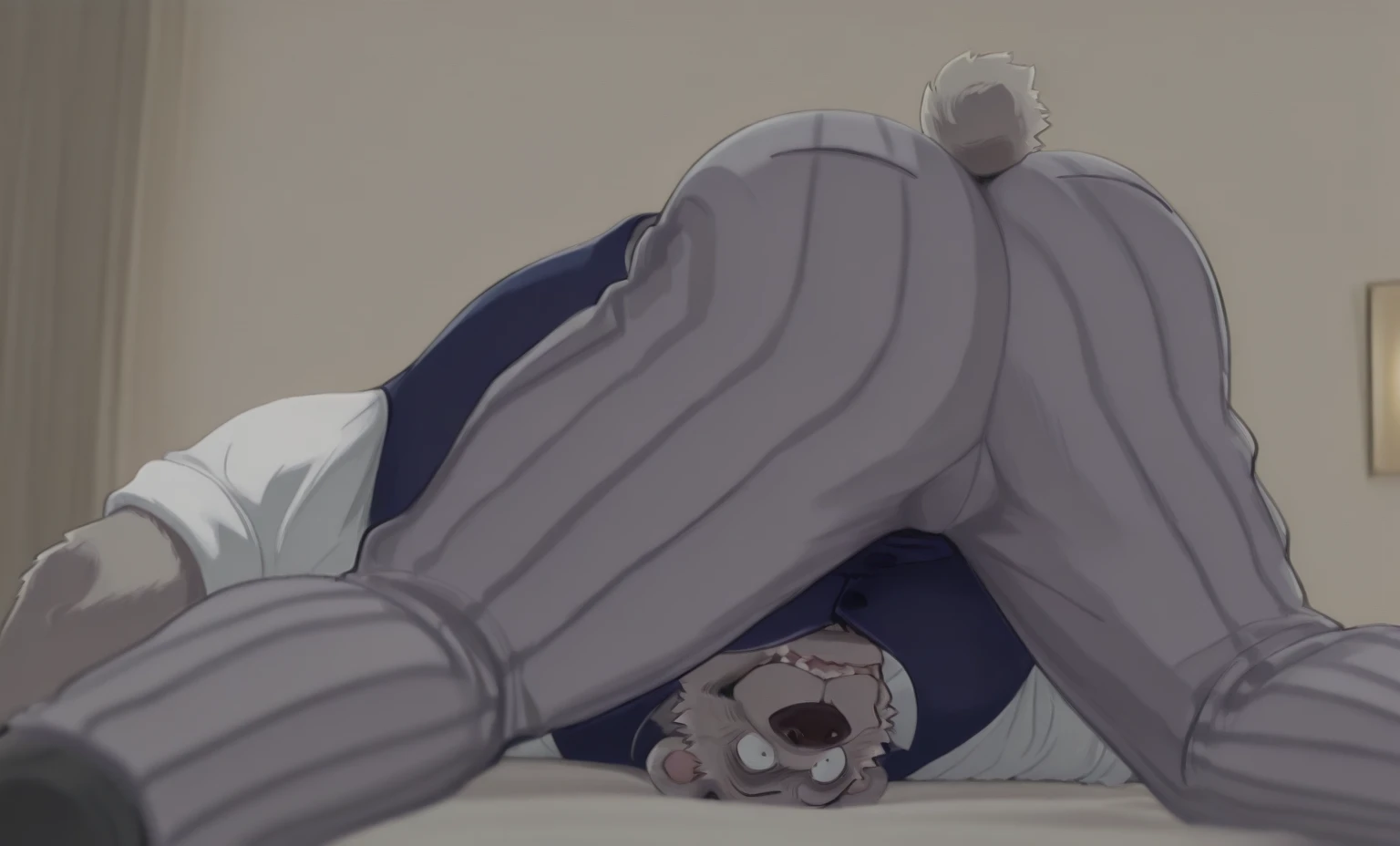   kneel polar bear dad pulling down zip on the back , wihout shirt  , detailed white feet five toes  with white  sock,  profile, evil smug blush sweating , kemono , high quality  , by rossciaco ( rear view) ,