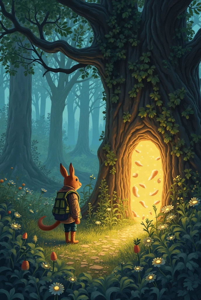 Create an illustration of Oliver guiding the shivering rabbit towards a small, cozy hole in a tree. The storm is still raging outside, with rain pouring and the wind howling. Oliver should be depicted as determined, with the rabbit following closely behind.