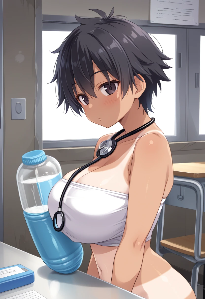 Boy, kirito, cleavage, busty, big breast thighs white nurse outfit, smiling, sitting on bed, (grabbing breasts:1.3), pov, short hair