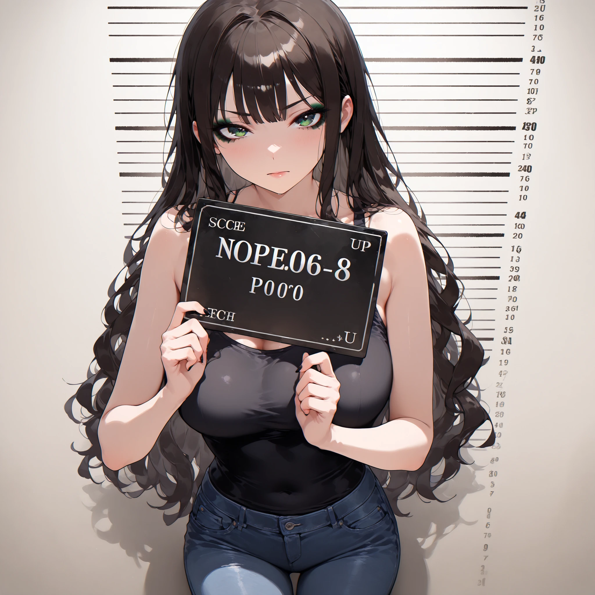 mugshot, view the viewer, Huge breast, prisoner, prison girl, jailed, prisoned, Striped black and white prison jumpsuit, Handcuffed, Restrained, shackle, domina, jail cell, lock, long black hair